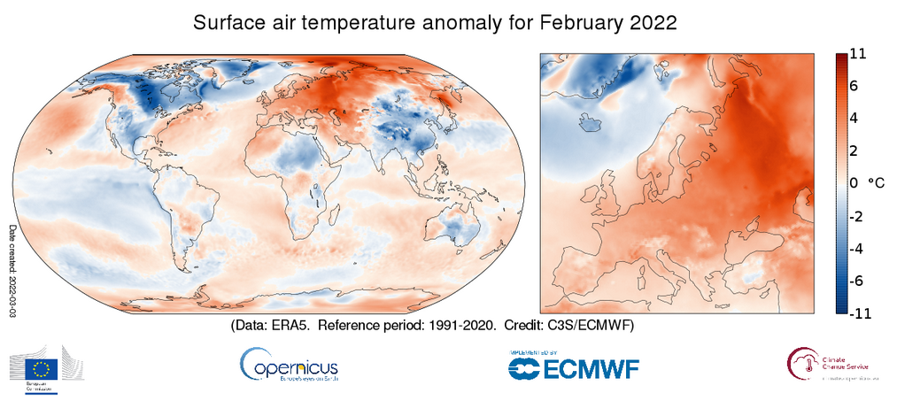 carte mondiale de l'anomalie de température de l'air - février 2022