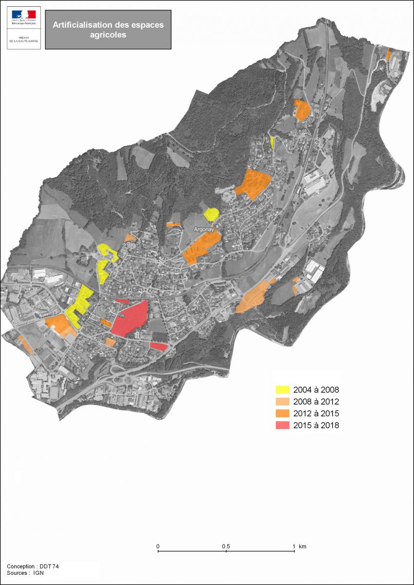 Exemple de carte d’artificialisation des surfaces agricoles d’une commune, proposée année après année