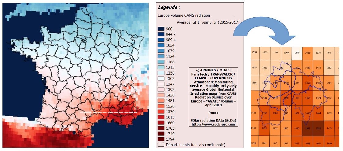 L’extraction des carreaux de la base AGATE qui concernent le Cantal. En brun, les plus forts potentiels (Source © ARMINES / MINES ParisTech / TRANSVALOR / ECMWF - COPERNICUS Atmosphere Monitoring Service, Traitement DDT 15)