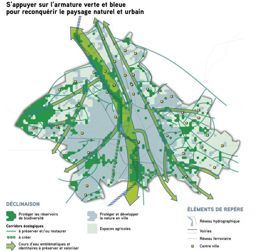 Carte des projets de reconquête du paysage basée sur la trame verte et bleue / PLUi-H approuvé  par délibération du Conseil de la Métropole du 11/04/2019 (Source : aua/T - Biotope)