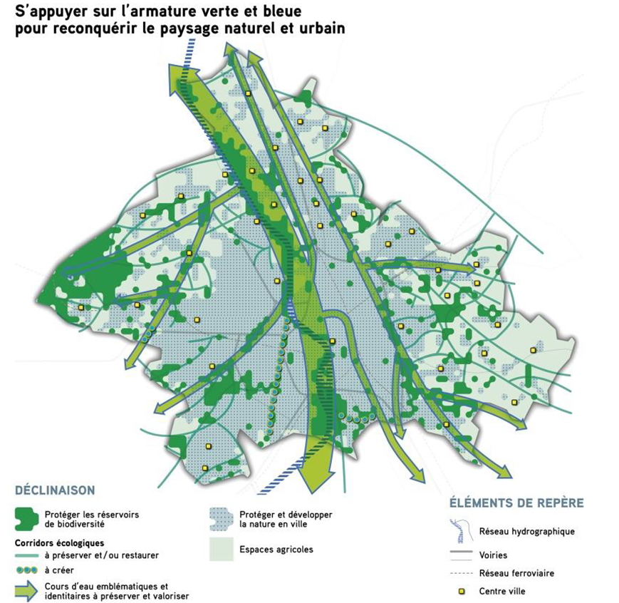 Carte des projets de reconquête du paysage basée sur la trame verte et bleue / PLUi-H approuvé par délibération du Conseil de la Métropole du 11/04/2019 (Source : aua/T - Biotope)