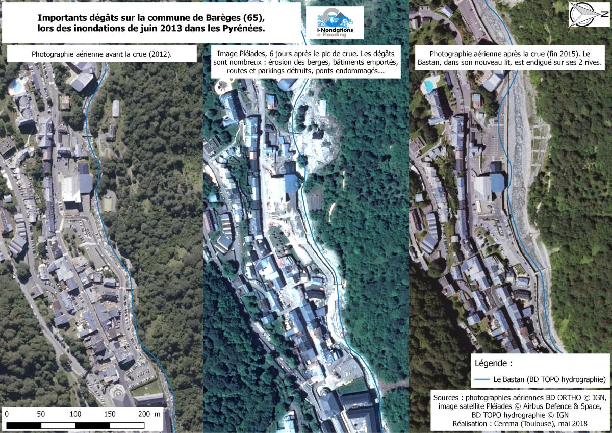 Illustration de dégâts et d’évolution de l’aménagement du territoire à partir d’images satellites acquises lors de la crue de juin 2013 au nord de Cauterets (Hautes-Pyrénées) (Source : Cerema)