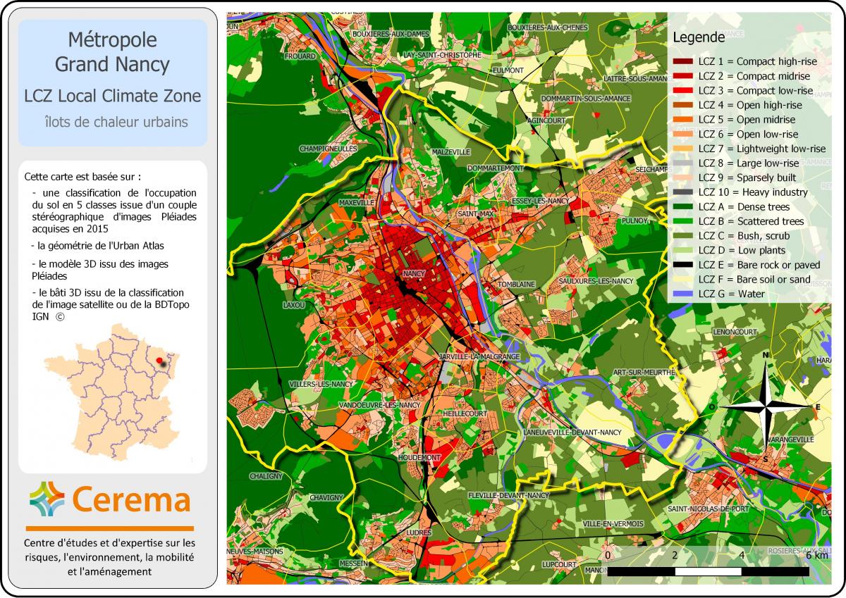 Cartographie des îlots de chaleur urbains du Grand Nancy (Source : Cerema)