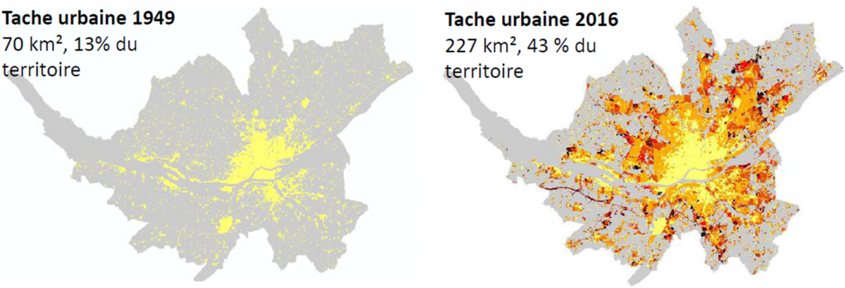 Evolution de la tache urbaine entre 1949 et 2016 (Source : SIRS – Journée Occupation du Sol en Occitanie, Carcassonne, 11 décembre 2017)